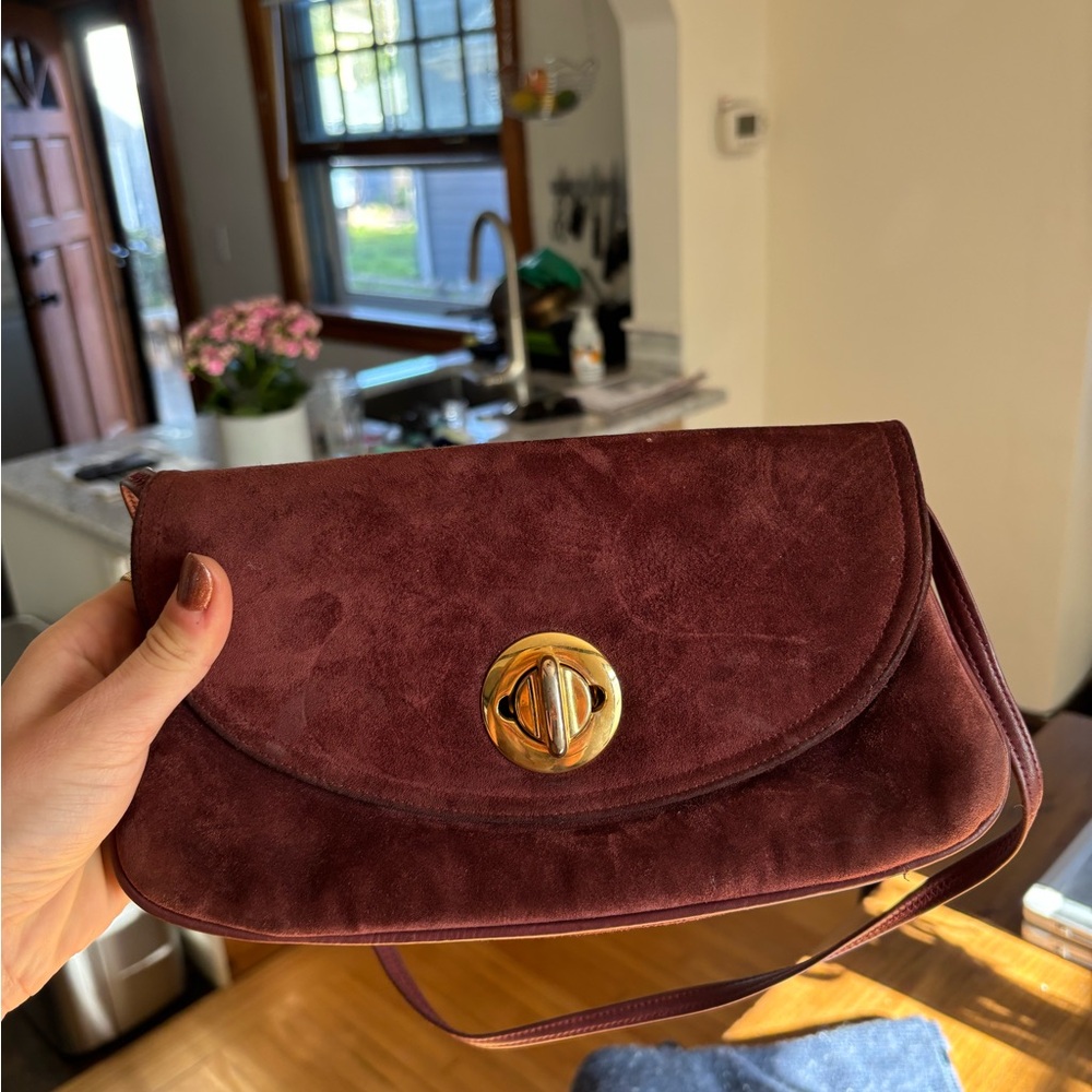 Suede Turn-Lock Crossbody Bag in Deep Burgundy